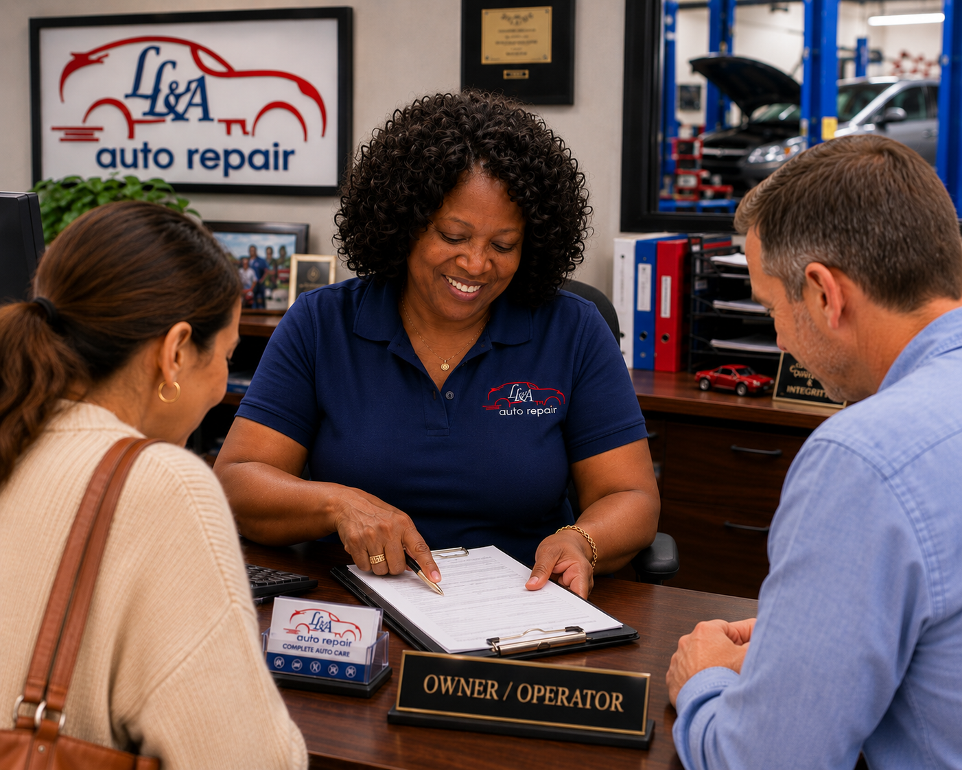 Mr. and Mrs. Wint, owners of LL&A Auto Repair